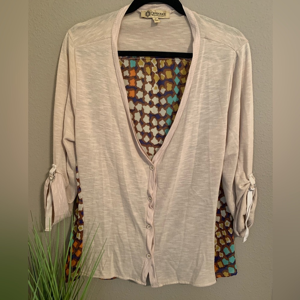 Democracy button up cardigan. 3/4 sleeve. Size L.